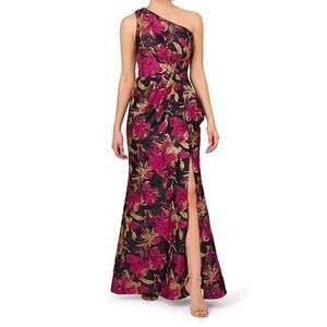 Adrianna Papell Womens Gown Long Dress Size 0 0P Petite Jacquard Metallic Floral